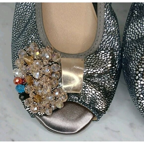Silver Metallic Multi-colored Jewel Open Toe Ballerina Flats Size 7.5 -8 (US) - Picture 2 of 6
